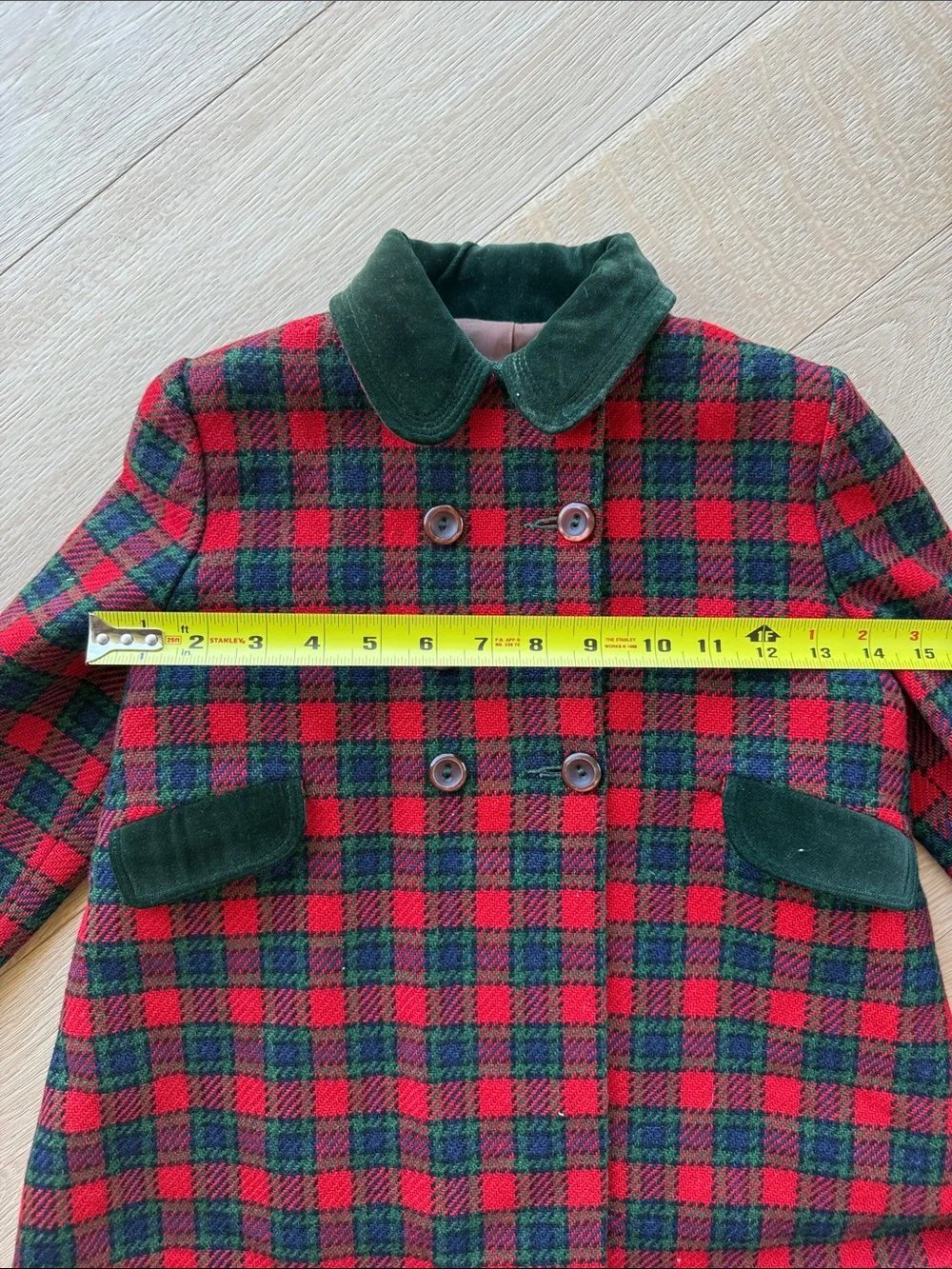 Vintage Kids Red & Green Plaid Double-Breasted Coat wool 4-5y ❤️💚🖤👀